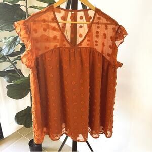 Plus 2X Spice Brown Rust Colored Ruffle Cap Sleeve Blouse Textured Dots Pattern